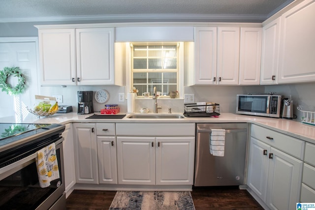 kitchen with light countertops, appliances with stainless steel finishes, a sink, and white cabinets