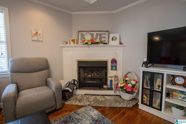 sitting room featuring plenty of natural light, a fireplace with raised hearth, and wood finished floors