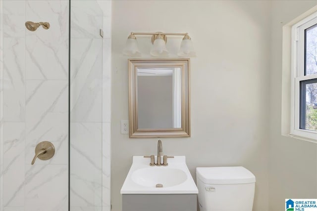 bathroom featuring a shower, vanity, and toilet