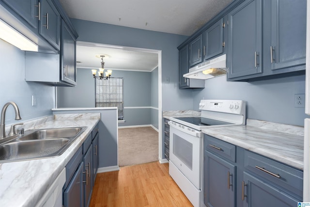 kitchen with a sink, under cabinet range hood, light countertops, and white range with electric cooktop