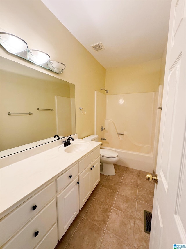 full bathroom featuring bathtub / shower combination, visible vents, toilet, vanity, and tile patterned flooring