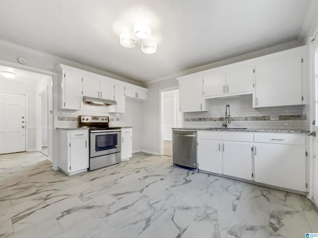 kitchen with under cabinet range hood, stainless steel appliances, a sink, white cabinets, and marble finish floor