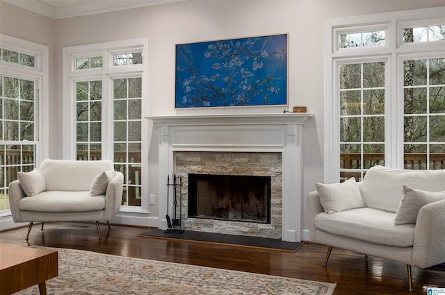 living area featuring a fireplace, wood finished floors, and crown molding