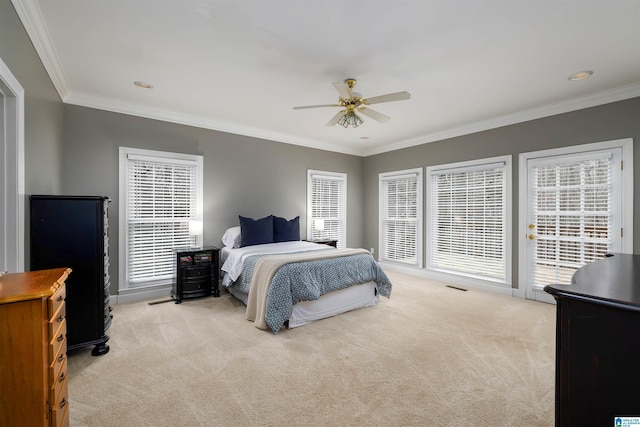 bedroom with light carpet, access to exterior, ornamental molding, and a ceiling fan