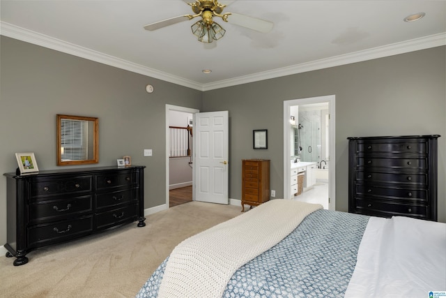 bedroom featuring ornamental molding, light colored carpet, ceiling fan, and baseboards