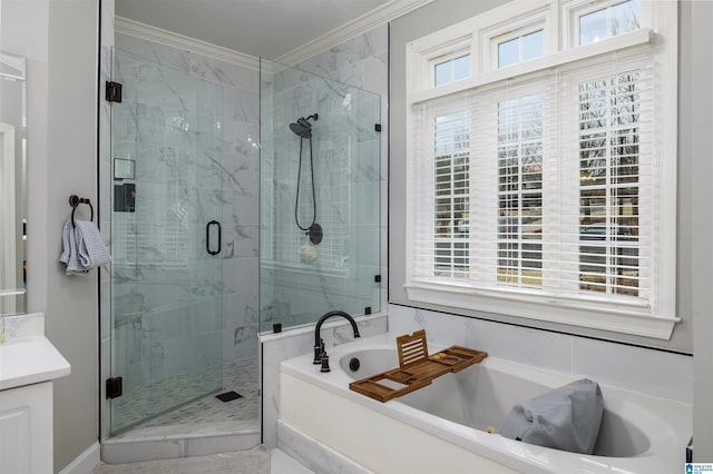 full bath featuring ornamental molding, a stall shower, a wealth of natural light, and a bath