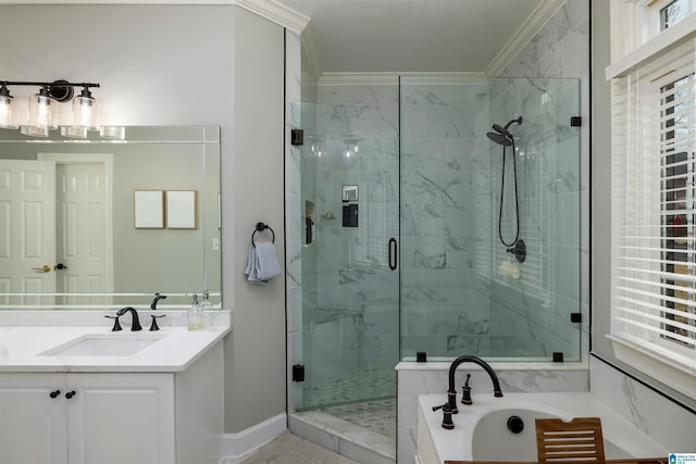 full bath with ornamental molding, a garden tub, a shower stall, and vanity