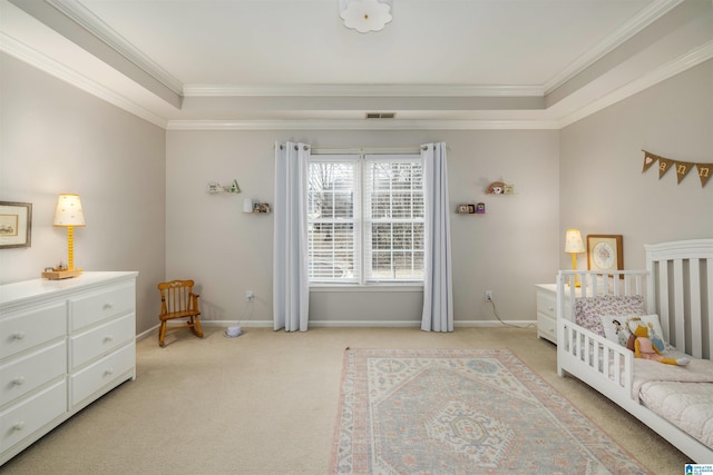 bedroom featuring light carpet, baseboards, visible vents, and crown molding