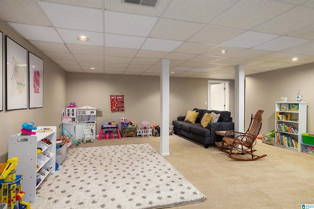 game room featuring carpet floors, visible vents, a paneled ceiling, and recessed lighting