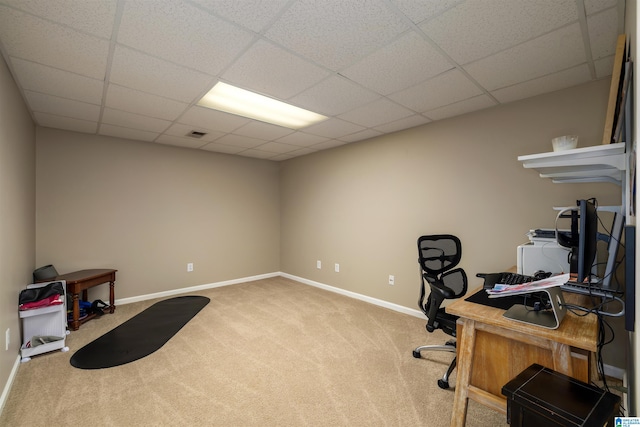 home office featuring visible vents, carpet, a paneled ceiling, and baseboards