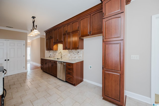 kitchen featuring light countertops, visible vents, decorative backsplash, a sink, and dishwasher