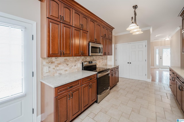 kitchen featuring stainless steel appliances, ornamental molding, backsplash, brown cabinetry, and decorative light fixtures