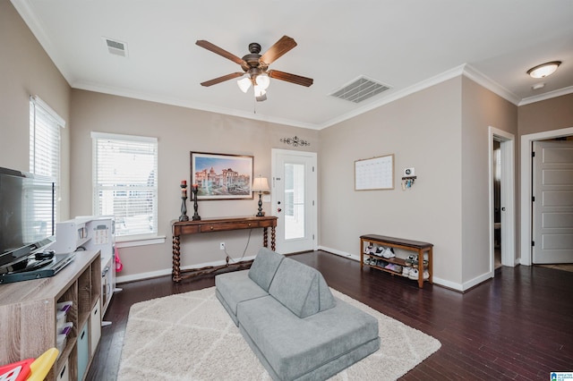 living room featuring dark wood-style floors, visible vents, and baseboards