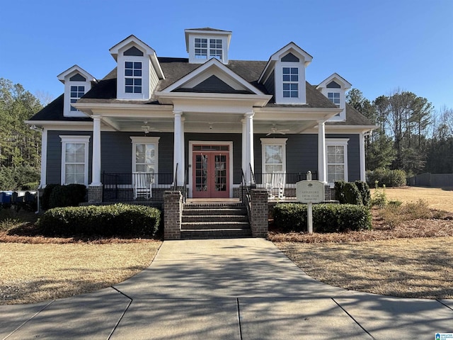 view of front facade featuring french doors and a porch