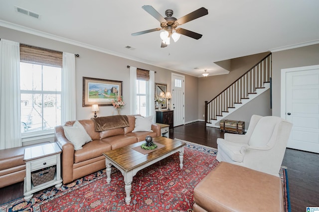 living room featuring ornamental molding, visible vents, dark wood finished floors, and stairway