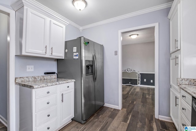 kitchen with stainless steel fridge, light stone counters, dark wood-style flooring, crown molding, and white cabinetry