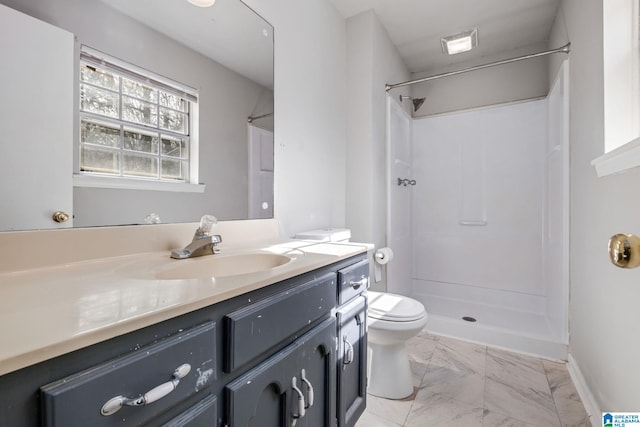 bathroom featuring toilet, visible vents, vanity, marble finish floor, and a shower stall