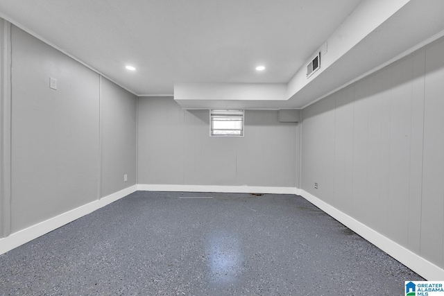 basement featuring recessed lighting, visible vents, and baseboards