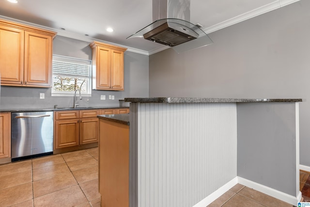 kitchen with light tile patterned floors, stainless steel dishwasher, island exhaust hood, and ornamental molding