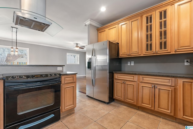 kitchen with black range with electric stovetop, stainless steel refrigerator with ice dispenser, island exhaust hood, glass insert cabinets, and crown molding