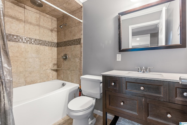 full bathroom with toilet, shower / tub combo, baseboards, and vanity