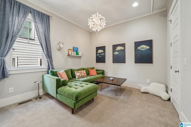 51 Nolen St, Birmingham, AL 35242 - carpeted living room with ornamental molding, visible vents, a notable chandelier, and baseboards