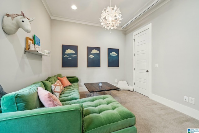 51 Nolen St, Birmingham, AL 35242 - carpeted living area featuring baseboards, ornamental molding, recessed lighting, and a notable chandelier