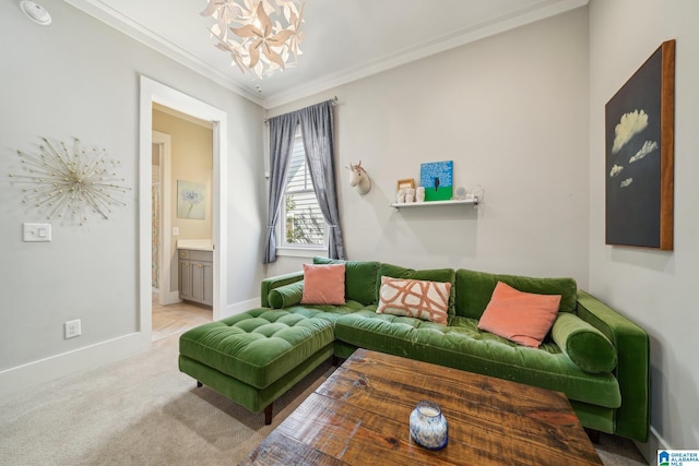 51 Nolen St, Birmingham, AL 35242 - living area with a chandelier, carpet flooring, crown molding, and baseboards