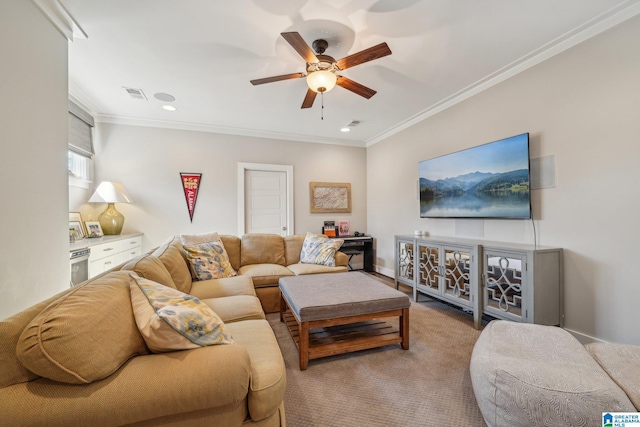 51 Nolen St, Birmingham, AL 35242 - living area with recessed lighting, light colored carpet, visible vents, ornamental molding, and ceiling fan
