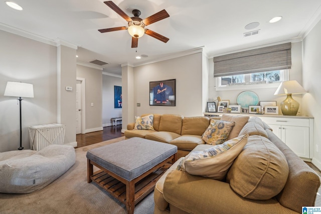 51 Nolen St, Birmingham, AL 35242 - living room featuring baseboards, visible vents, crown molding, and wood finished floors