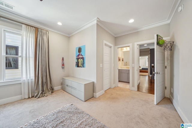 51 Nolen St, Birmingham, AL 35242 - bedroom featuring baseboards, visible vents, ornamental molding, and light colored carpet