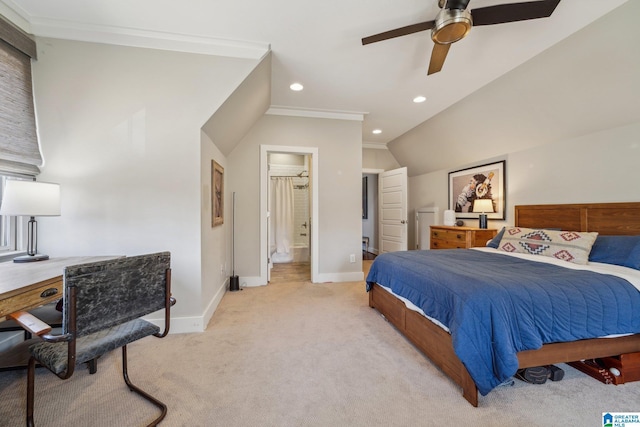 51 Nolen St, Birmingham, AL 35242 - bedroom with recessed lighting, light colored carpet, baseboards, vaulted ceiling, and crown molding
