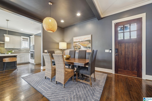 51 Nolen St, Birmingham, AL 35242 - dining space featuring dark wood-type flooring, crown molding, and baseboards
