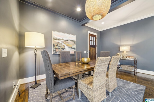 51 Nolen St, Birmingham, AL 35242 - dining area featuring baseboards, dark wood-type flooring, recessed lighting, and crown molding