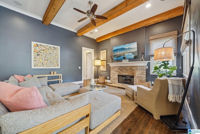 51 Nolen St, Birmingham, AL 35242 - living area featuring a fireplace, dark wood finished floors, recessed lighting, a ceiling fan, and beamed ceiling