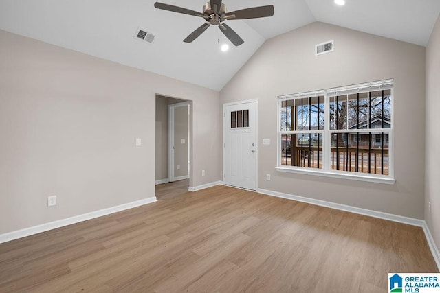 entrance foyer featuring a ceiling fan, light wood-type flooring, visible vents, and baseboards