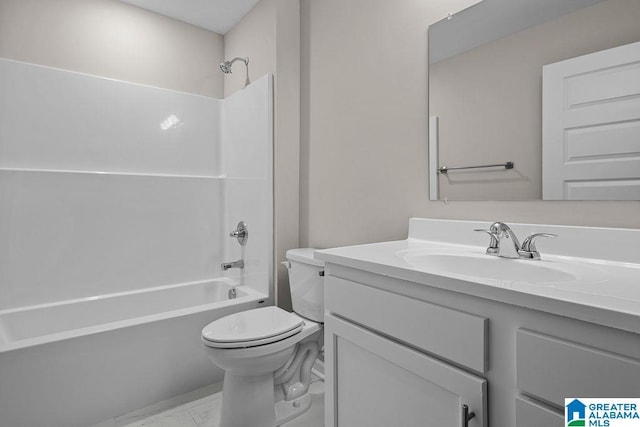 full bath with shower / bathing tub combination, vanity, and toilet