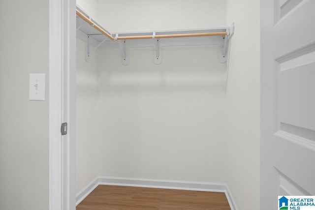 walk in closet with wood finished floors