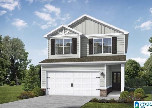 view of front facade with an attached garage, driveway, board and batten siding, and a front yard