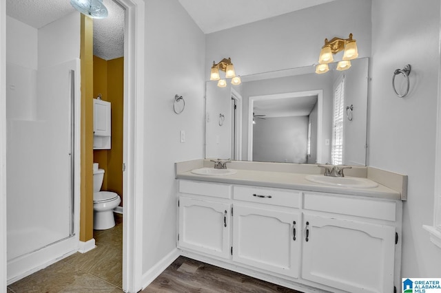 bathroom with toilet, a stall shower, double vanity, and a sink