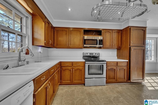 kitchen featuring brown cabinetry, stainless steel appliances, a sink, and light countertops