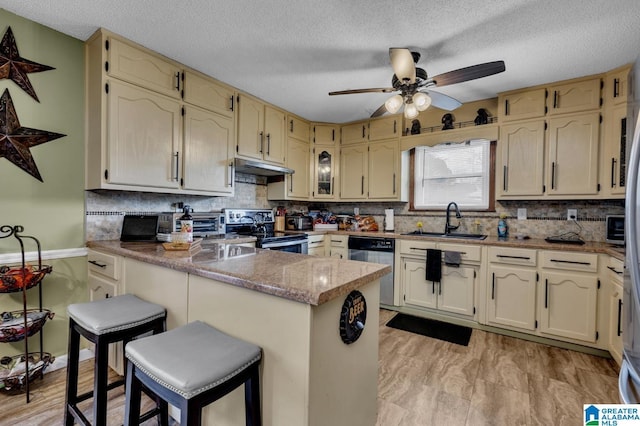 kitchen featuring under cabinet range hood, stainless steel appliances, a breakfast bar, a peninsula, and a sink