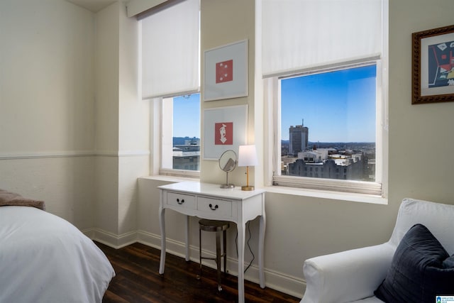 bedroom with a view of city, baseboards, and dark wood finished floors