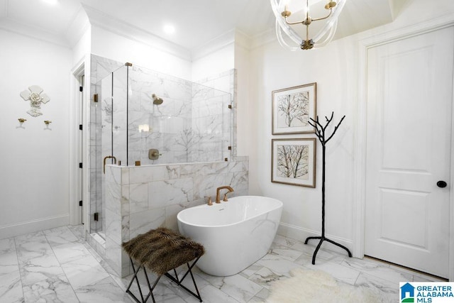 full bathroom with marble finish floor, a marble finish shower, ornamental molding, and a soaking tub