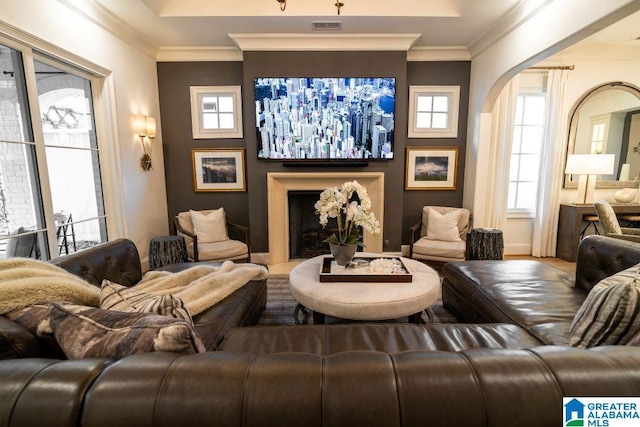 cinema featuring arched walkways, visible vents, crown molding, and a fireplace