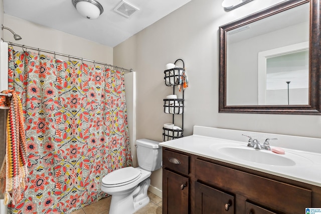 full bathroom featuring visible vents, a shower with shower curtain, toilet, tile patterned floors, and vanity