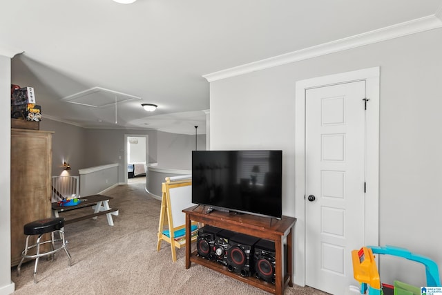 carpeted living area with attic access, crown molding, and baseboards