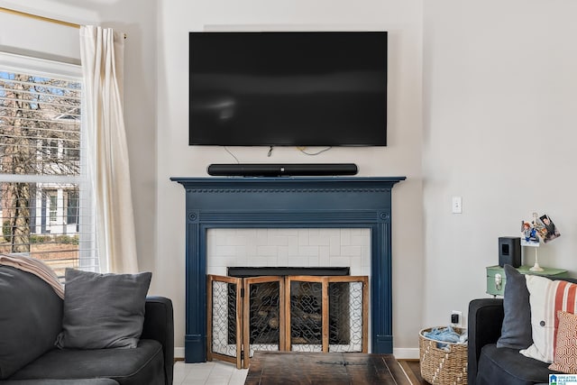 details featuring a fireplace and baseboards