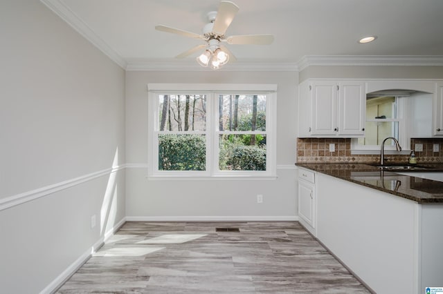 kitchen featuring white cabinetry, dark stone counters, a sink, and ornamental molding