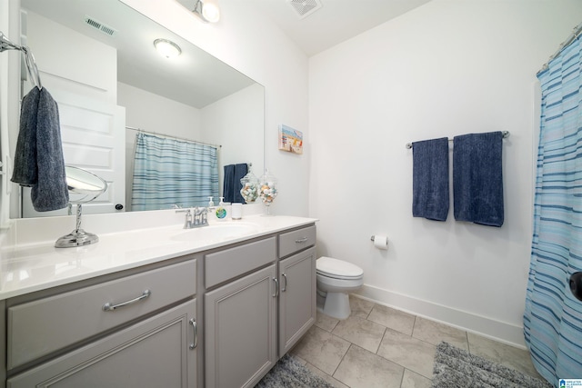 full bathroom with toilet, vanity, visible vents, and baseboards